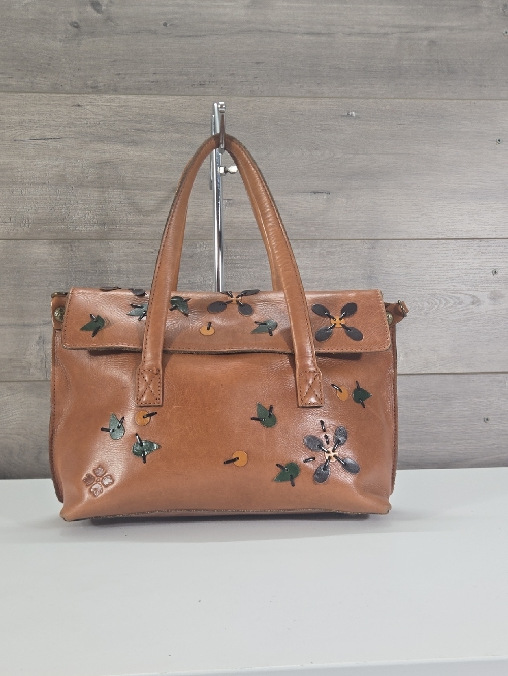 Patricia Nash Floral Appliqué Brown Leather Satchel Shoulder Bag Purse